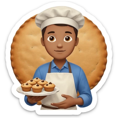Baking community man avatar in vibrant style illustration. Pie, cookie, and muffin warm golden tones, simple shapes, flat design, high contrast. sticker