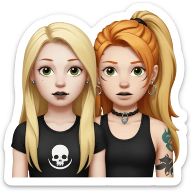 girl with long blonde hair, black tattoos and a septum piercing next to an athletic ginger girl and a septum piercing sticker