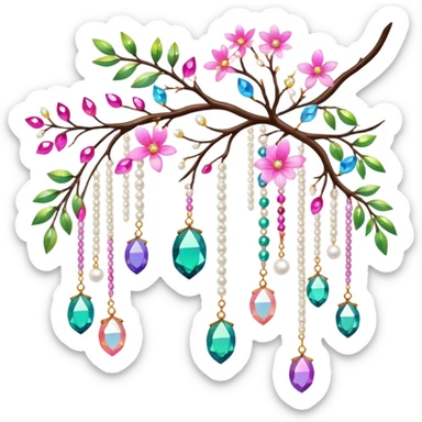 Exotic colorful romantic Few cute tiny Iridescent glistening glossy sparkly shiny glittery hanging crystals pearls and beads and gemstones scenery scenic decorations with branches and flowers sticker
