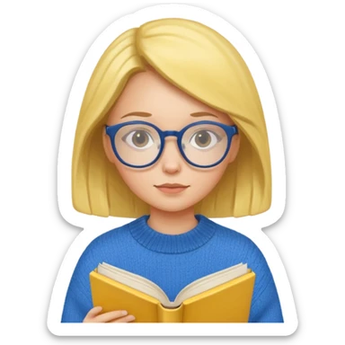 a girl with glasses wearing blue sweater reading a yellow cover book sticker