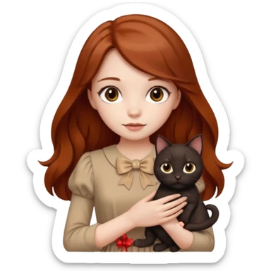 a beautiful girl with long red and brown hair, clear brown eyes, in a beige dress and with a beige bow holds two black cat in her hands sticker