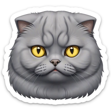 Cinematic Comical Grey Scottish Fold Cat Portrait Emoji, Adorable folded ears accentuating its round face, head tilted with a scrunched, grumpy expression, sleek soft grey fur with subtle blue undertones, large, striking yellow eyes, Simplified yet sharp features, highly detailed, glowing with a slightly sarcastic glow, high shine, poised but with a comically displeased demeanor, stylized with an air of playful disdain, focused yet unimpressed, soft glowing outline, capturing the essence of a grumpy yet endearing kitty with the classic Scottish Fold charm, so lifelike it feels like it could give you an exaggerated sigh and a disapproving stare at any moment! sticker