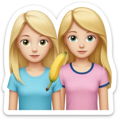 two girls together, girl 1 with long straight-wavy light golden-yellow blonde hair, light hazel eyes, pale peach skin, wearing a light pastel aqua-blue top; girl 2 with medium-short dark blonde or light brown hair, dark blue eyes, pale peachy-pink skin, wearing a pastel banana-yellow top sticker