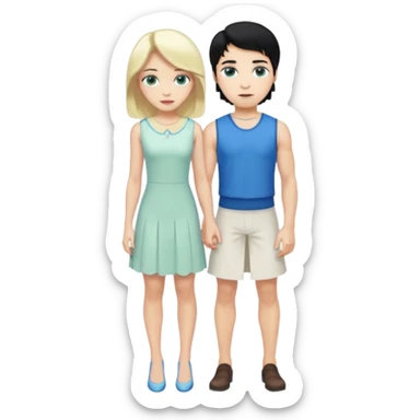 prince, standing upright, black Hair, blue eyes, garment,  woman, bending knee, white sleveless dress, blonde hair, green eyes, sticker