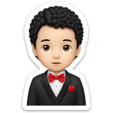 baby boy curly black hair in suit, with red bow sticker
