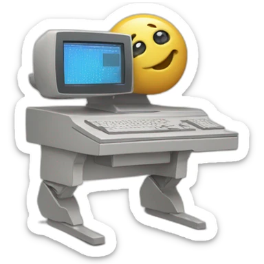 Anthropomorphic computer with a face, arms and legs doing something random sticker