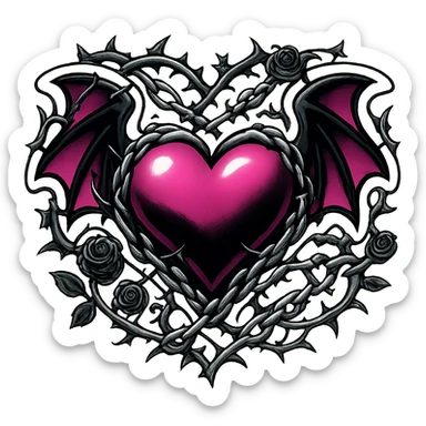 Add more gothic details including chains, thorns, and tiny black roses. Keep the black and pink gothic heart with bat wings. Maintain the retro stickers style with no background. sticker