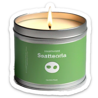 lit matcha scented candle in a silver tin with a small white label realistic sticker