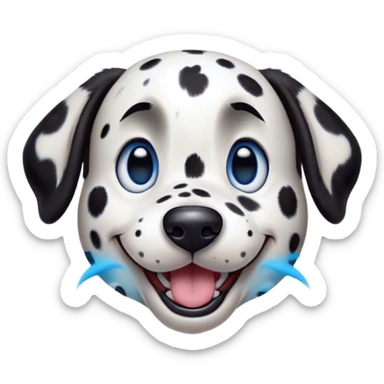 Cinematic Comical Spotted Dalmatian Portrait Emoji, Head tilted dramatically with an exaggeratedly shocked or amused expression, featuring a striking Fur of predominantly white with vivid black patches, wide, expressive blue eyes filled with playful disbelief, Simplified yet hilariously expressive features, highly detailed, glowing with a slightly sassy glow, high shine, dramatic yet playful, stylized with an air of cheeky charm, bright and endearing, soft glowing outline, capturing the essence of a spirited and over-the-top guardian, so meme-worthy it feels like it could side-eye its way into internet fame instantly! sticker