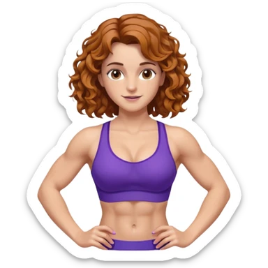 big biceps, muscled torso, very beautiful italian happy girl, looking like Emma Watson, with wavy curly bright hazelnut hair, dressed in violet bra sports outfit, very muscled sticker