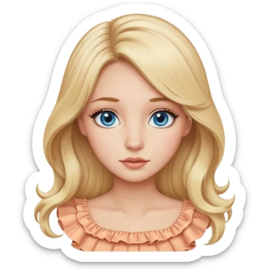 Blonde girl with blue eyes and eyeliner, long round nose, thin lips, long oval face shape, ruffle peach top, long blow out hair, middle part  sticker