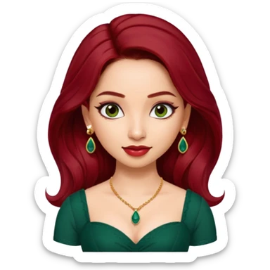 pretty bratz genmoji that looks like tamannah bhatia (bollywood actress), wearing a dark green sweetheart neckline top, dark red hair, light makeup, no necklace, dangly earrings, side hair part sticker
