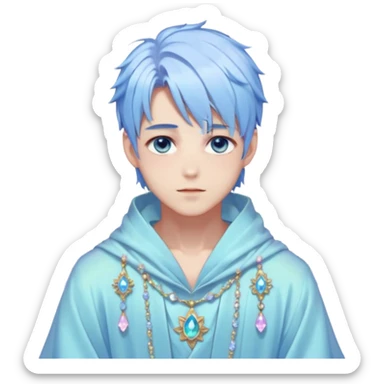 Beautiful gorgeous blushing blue-eyed youthful handsome anime guy with beautiful iridescent-pastel-whitish-special-medium-long-hair, fashion aesthetic, ethereal, fairycore, pastelcore, flower petals, crystals, layered robes, accessories, jewelries, gold, colorful, shiny, trending style, outside sticker