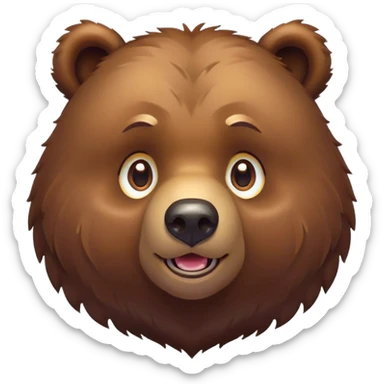 Cinematic Cute Grizzly Bear Portrait Emoji, Head tilted playfully and inquisitively, featuring a dense, rugged deep brown fur with a gentle, curious expression in round, sparkling eyes, Simplified yet irresistibly adorable features, highly detailed, glowing with a warm, friendly glow, high shine, affectionate and surprisingly gentle, stylized with a touch of wild whimsy, bright and endearing, soft glowing outline, capturing the essence of a mischievous yet loving bear, so playful it feels like it could amble out of the screen and into your arms! sticker