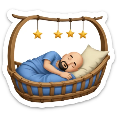 a bald, tan man who has a black goatee sleeping in a cradle sticker