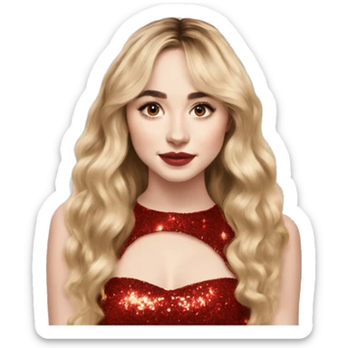 red sparkly dress Sabrina carpenter, long wavy blonde hair with bangs sticker