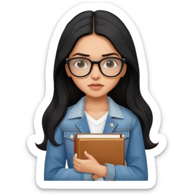 generate a pretty bratz emoji 
Make her look like Deepika Padukone wear a white dress with a denim jacket over it.long  black hair in a side part. Holding books

She should look exactly  like Deepika padukone! wearing tiny rectangular spectacle, looking sad sticker