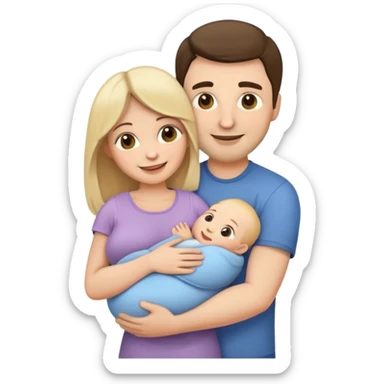 Create a family emoji. The mother is brunette, holding a newborn baby in her arms and the father is blonde, hugged her from behind, both smiling  sticker
