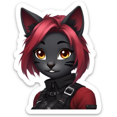 Gorgeous gothic dark techwear anime style anthro cat furry sona with blushing face aesthetic and pretty edgy black red punk messy ponytail hair with collar and harness trending style sticker
