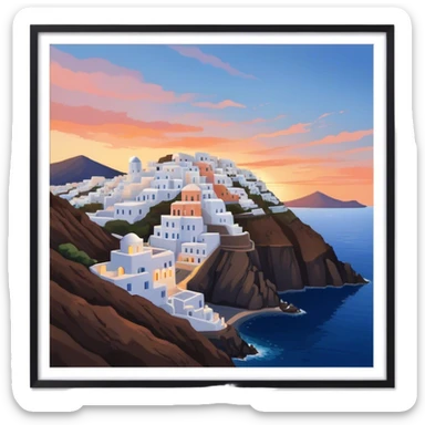 Cinematic Realistic Santorini Caldera Landmark Emoji, featuring white-washed buildings perched on volcanic cliffs, overlooking the deep blue Aegean Sea, with warm sunset hues illuminating the sky and reflecting off the water. sticker