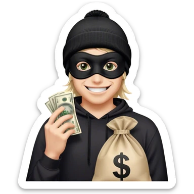 Face: Mischievous grin with wide, playful eyes, giving a sly but goofy expression. Mask: Black eye mask covering the upper face. Headgear: Black beanie or cap, slightly askew. Pose: Holding a money bag in one hand, with the bag tied at the top and a dollar sign visible. sticker