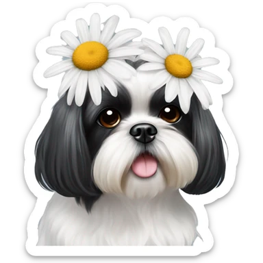Mostly Black and white shih tzu long ears with a daisy  sticker