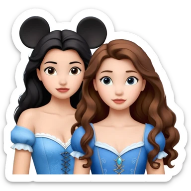 Quiero que crees una imagen donde este el castillo de Disney y por detrás o delante pon a 4 chicas: una con el pelo largo rizado marrón , otra con el pelo muy corto negro, como un chico, otra con el pelo mediano liso marrón con ojos azulesy otra con el pelo negro largo liso . Todos son color carne sticker