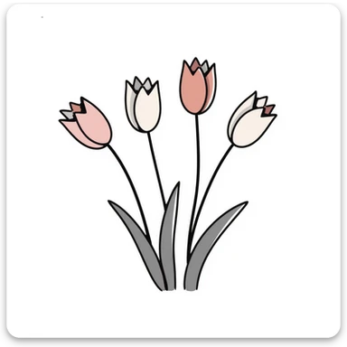 Bouquet of tulips with stems and leaves. Using specific pastel colors (dd9fb0, ffc6d3, a3bfc9, c4bee2, f1b091). Hand-drawn doodle style with delicate flower details. Multiple tulip blossoms in different stages of opening. Elegant floral design with transparent background. sticker