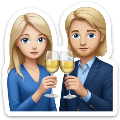 A woman with blue eyes and long balayage brown blond hair and a man with blue eyes and light brown hair, they toast to each other with a glass of white wine.  sticker