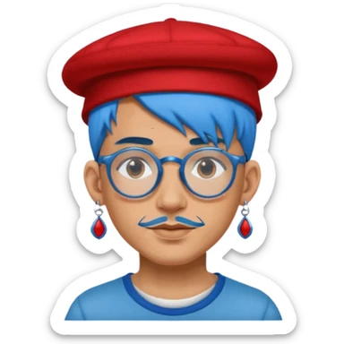 unique looking tourist with big unique red tourist felt hat and earrings, man with lots of tattoes and spectacles, blue hair showing sticker