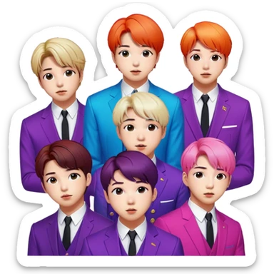 Cinematic Realistic group portrait of BTS featuring all 7 members in stylish modern attire, with detailed facial expressions and vibrant colors, captured in dynamic, contemporary lighting that emphasizes their global pop icon status sticker