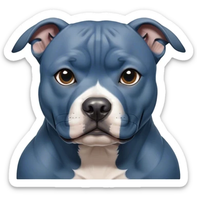 Cinematic Noble Blue Staffordshire Bull Terrier Portrait Emoji, Poised and regal, with a compact, muscular build and a sleek, well-groomed blue Fur, deep-set soulful dark eyes, Simplified yet sharp and sophisticated features, highly detailed, glowing with a soft, dignified glow, high shine, intelligent and loyal, stylized with an air of strength, focused and attentive, soft glowing outline, capturing the essence of a watchful and confident guardian, so majestic it feels as though it could stride out of the screen with effortless authority! sticker
