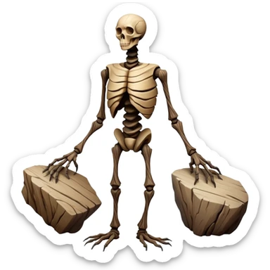 A bipedal entity with limbs of twisted, fossilized wood and a torso composed of stacked, perfectly balanced stones that rotate independently of each other when it moves.

 sticker