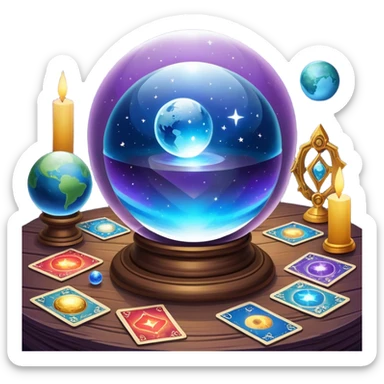 a mystical icon featuring a crystal ball (fortune-telling sphere) on a table with tarot cards scattered around. Surround the scene with planets, stars, and zodiac signs. The design is vibrant, magical, and evoke a sense of mystery and spirituality, with glowing effects and a cosmic atmosphere. sticker