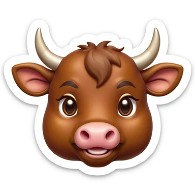 Cinematic Cute Brown Bull Portrait Emoji, Head tilted playfully and inquisitively, featuring a glossy, robust brown hide with a natural sheen, round, sparkling dark eyes filled with gentle curiosity, Simplified yet irresistibly adorable features, highly detailed, glowing with a warm, friendly glow, high shine, affectionate and imposing, stylized with a touch of rugged charm, bright and endearing, soft glowing outline, capturing the essence of a mischievous yet loving bull, so playful it feels like it could stomp out of the screen and into your arms! sticker