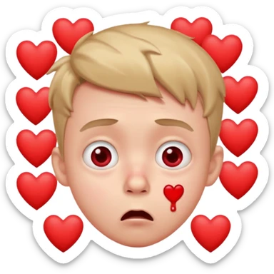 shocked cartoon boy, wide eyes, red nosebleed, blushing cheeks, surrounded by hearts sticker