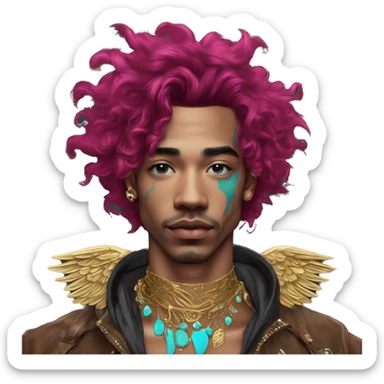 Vintage patina intricate swirls gold jewellery baroque raven wings angel tropical Deep pink maroon burgundy cyan dark hoodie man vitiligo dyed hair gold piercings nose piercing ear piercings sticker