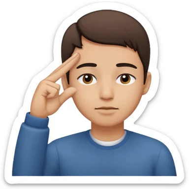 Una persona tocándose la cabeza por la 100 con un dedo índice y los ojos serrados  por arriba de la oreja con una sola mano sticker