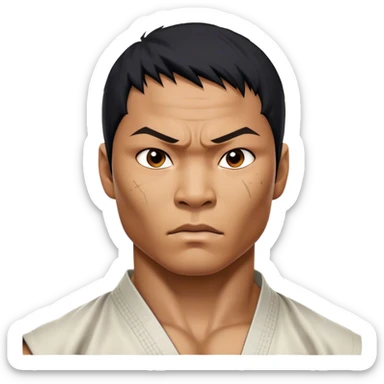 ​Cinematic Realistic Portrait of Tony Jaa, a close-up depiction capturing his intense, determined expression and finely detailed features, rendered with dramatic natural lighting that emphasizes his rugged athleticism and unmistakable martial arts presence, sticker