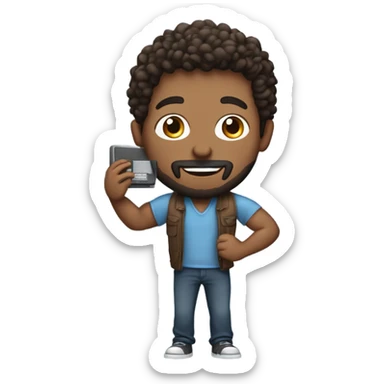 men carrying a computer in his hands. light brown skin men with curly dark brown hair, brown eyes, little grown beard. imposing, bit muscular build. dressed casual. sticker