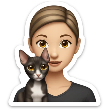 Girl with straight brown hair with cold blond highlights, hazel eyes, eyeliner, holding black oriental shorthair cat sticker