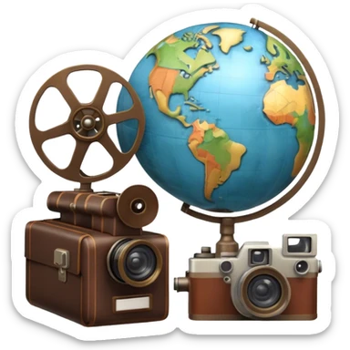 Icon for Documentary Film: A vintage movie poster-style design featuring a film reel, camera, and a globe, symbolizing exploration and learning. Include elements like books, a notebook, and historical or natural icons to represent informative storytelling. Transparent background. sticker
