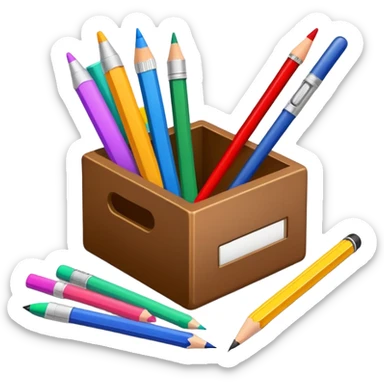 small box of teaching supplies with a pencil, ruler, and markers sticking out sticker