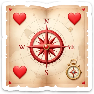 Folded cartography map with compass rose and scale, featuring red hearts as relationship markers and different symbols representing other meaningful life experiences, soft ethereal coloring sticker