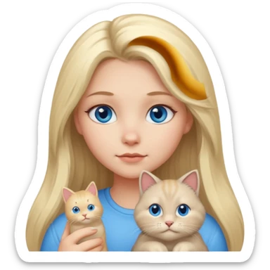 blonde girl with long blonde hair and blue eyes with chubby gray cat sticker