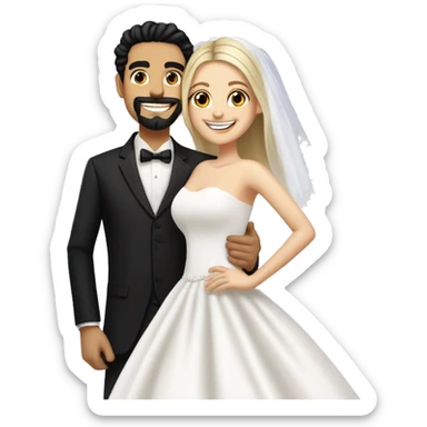 Wedding couple with Handsome middle eastern man with goatee and black hair has big smile with bride who has blonde hair , hair down , and beautiful  sticker