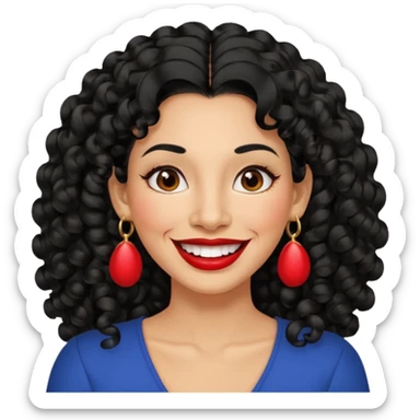 40 yr old peruvian woman, very curly long black hair, red lipstick, big smile, white teeth, brown eyes, hoop earings, hair parted at side sticker