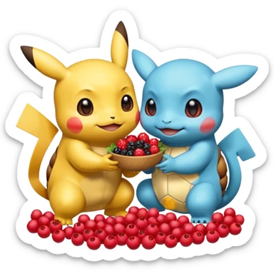 Two Pokémon are playing in a field. Pikachu has many berries, but Squirtle has none. Pikachu sees this is unfair, so he shares the berries with Squirtle. They smile and eat together. Show this as a cute Pokémon emoji scene about justice and fairness. sticker