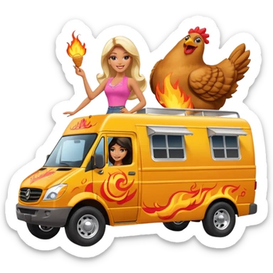 Hispanic pollo loco Barbie’s insanely flaming hot butt burning chicken sandwich Extended length Sprinter 4500 van high roof off road rally delivery food truck capable of rock and desert racing  sticker