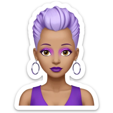 57 years young,  brown skinned Black queen with a  no hair on side and white hair in mohawk style, purple lipstick,  purple eyeshadow,  droopy looking  eyes, oval shaped face, hoop  design 
 earrings with the name Draya personalized on them.  sticker